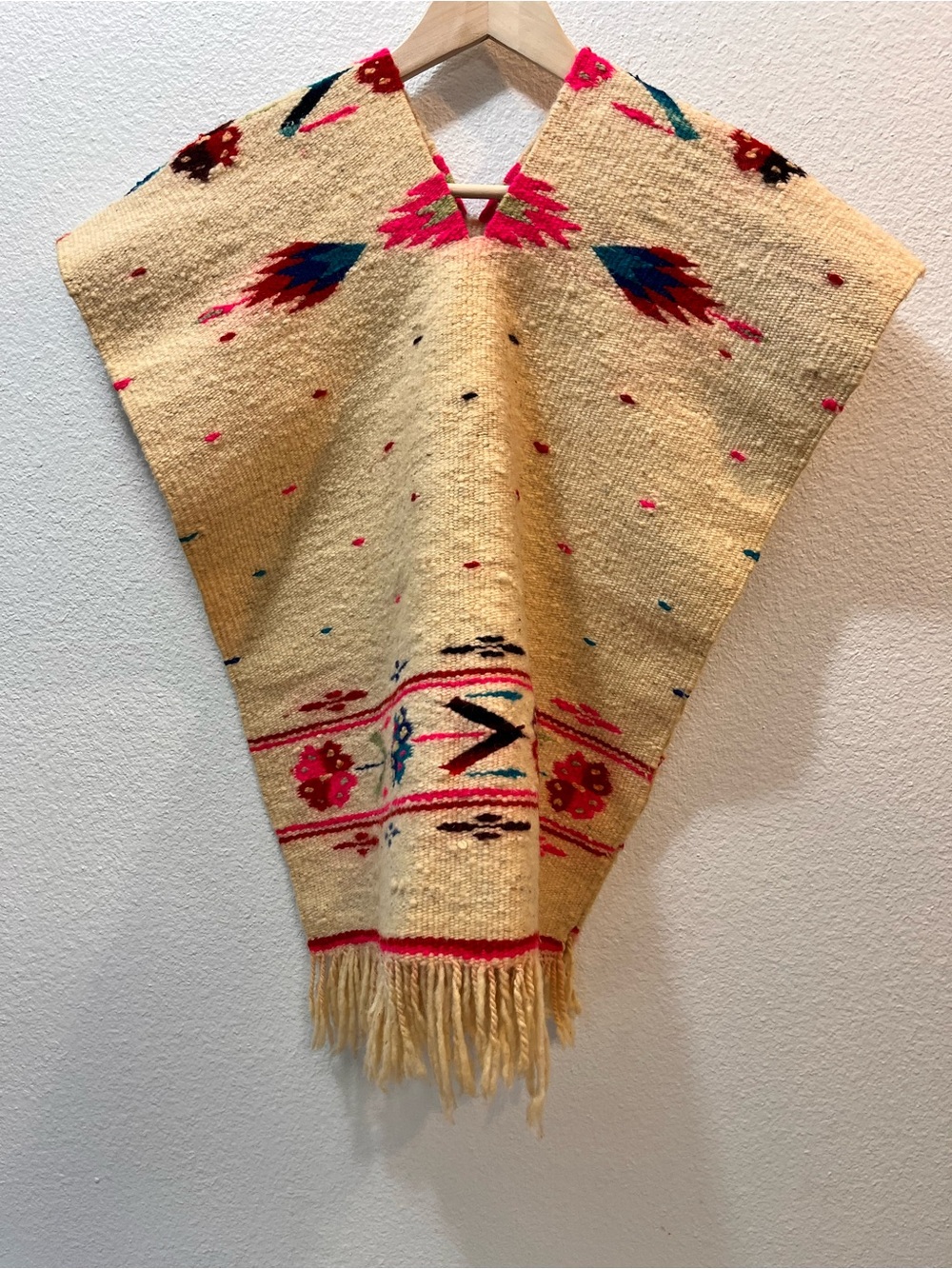 Handwoven Cream Mexican Wool Poncho with Pink & Teal Accents